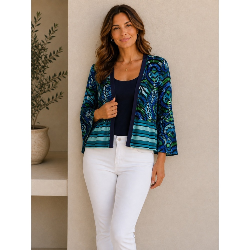 Blank London Womens Small Blue Green Peacock Print Open Front Peplum Jacket S